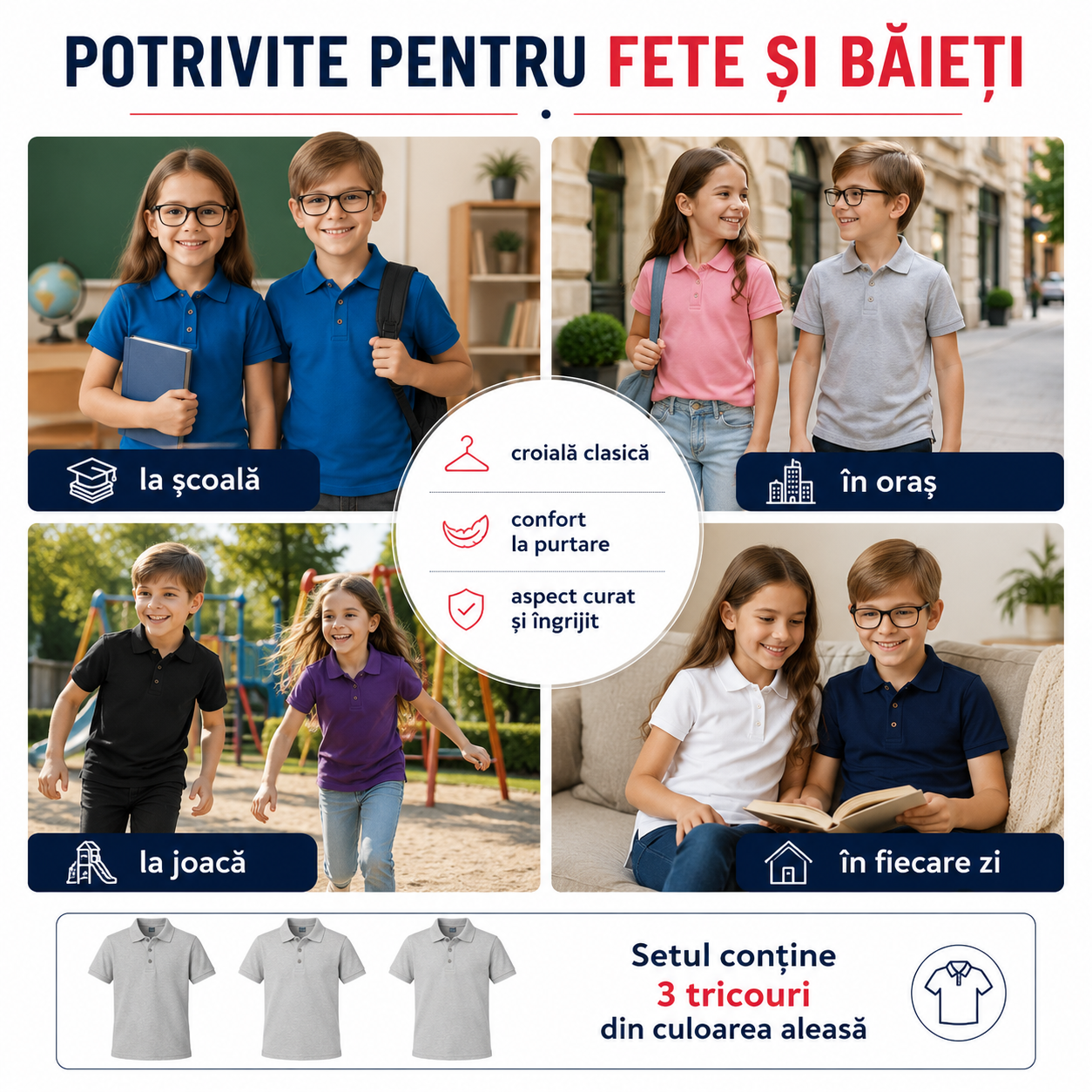 Tricouri Pique Polo pentru copii, potrivite pentru școală, joacă, ieșiri &icirc;n oraș și activități zilnice